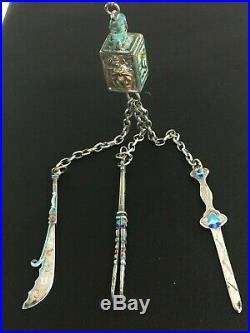 Antique Sterling Silver Opium Chatelaine Tools & Mystery Lock-box RARE Chinese