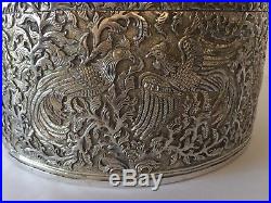 Antique Straits Chinese Peranakan Very Large Solid Round Silver Box