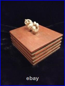 Antique/Vintage Asian Carved Silver Foo Dog Atop Carved Wooden Trinket Box