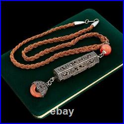 Antique Vintage Deco Sterling Silver Chinese Carnelian Prayer Box Necklace 46.5g