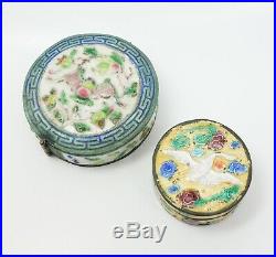 Antique c1900 Lot 2 Silver SP Chinese Ornate Enamel Round Snuff Boxes
