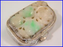 Antique chinese SILVER opium pill can SNUFF box apple green BURMA carved JADE