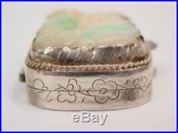 Antique chinese SILVER opium pill can SNUFF box apple green BURMA carved JADE