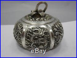 Antique chinese export silver box with dragon & birds & flowers