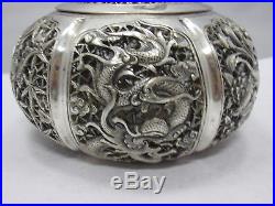 Antique chinese export silver box with dragon & birds & flowers
