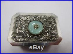 Antique chinese export silver box with dragon & jade