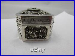 Antique chinese export silver box with dragon & jade