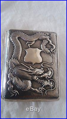 Antique chinese export sterling silver cigarette case box dragon
