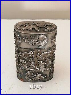 Antique chinese silver over copper hand tooled dragon pill box/box
