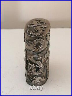 Antique chinese silver over copper hand tooled dragon pill box/box