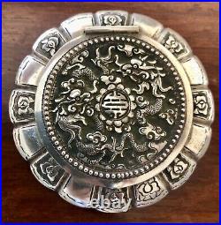 Antique chinese silver powder box with dragon pattern