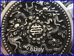 Antique chinese silver powder box with dragon pattern