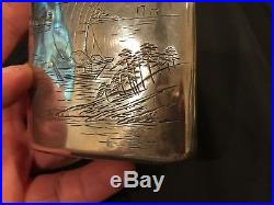 Antique engraved mixed metal box Sterling Silver Flask signed Chinese Japanese