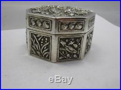 Antique japanese or chinese export silver box with dragon & birds