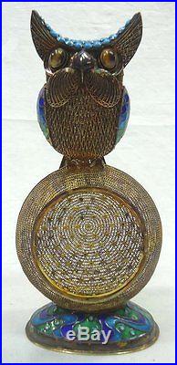 Antique / vintage Chinese Silver enamel cloisonne Owl Box Tiger Eye inlay