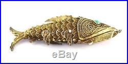 Antq Chinese Gilt Silver Turquoise Articulated Filigree Fish Pill Box Pendant