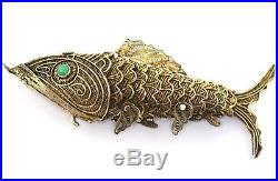 Antq Chinese Gilt Silver Turquoise Articulated Filigree Fish Pill Box Pendant