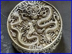 Argent Massif Chine Boite Chinese Export Silver Box Dragon Orfevre Kyyun