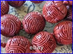 Art Deco Chinese Genuine Carved Red Cinnabar Lacquer Shou Bead Necklace w. Box