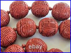 Art Deco Chinese Genuine Carved Red Cinnabar Lacquer Shou Bead Necklace w. Box