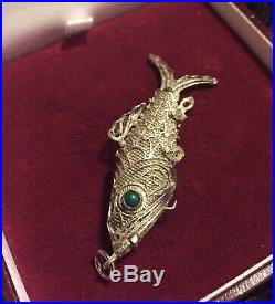 Articulated Filigree Silver Turquoise Eyes Chinese Export Fish Pill Box Pendant