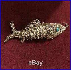 Articulated Filigree Silver Turquoise Eyes Chinese Export Fish Pill Box Pendant