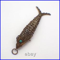 Articulated Fish Pendant Box Chinese Silver Gilt Turquoise Eyes