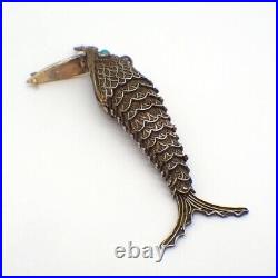 Articulated Fish Pendant Box Chinese Silver Gilt Turquoise Eyes