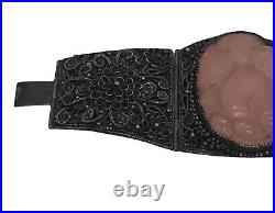 Asian Export Chinese Stacked Filigree Silver panel bracelet koi rose quartz READ