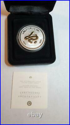 Australia 2001 $1 Chinese Lunar Snake Gilt Gilded 1oz Silver Coin /w Box & COA