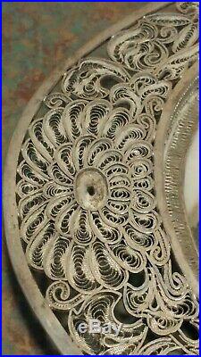 Beautiful Antique Chinese Sterling Silver Filigree Wire Jasper & Jade Platter