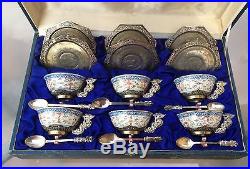 Beautiful Boxed Set of 6 Chinese Silver and Porcelain Cups & Saucers