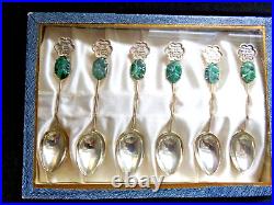 Boxed Set Of Six Vintage Chinese Sterling Silver, Jade & Good Luck Teaspoons