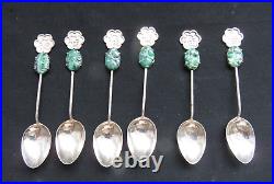 Boxed Set Of Six Vintage Chinese Sterling Silver, Jade & Good Luck Teaspoons