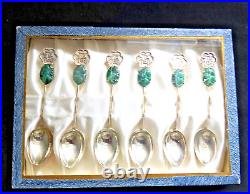 Boxed Set Of Six Vintage Chinese Sterling Silver, Jade & Good Luck Teaspoons