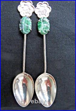 Boxed Set Of Six Vintage Chinese Sterling Silver, Jade & Good Luck Teaspoons