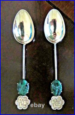 Boxed Set Of Six Vintage Chinese Sterling Silver, Jade & Good Luck Teaspoons