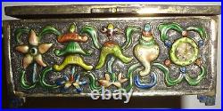 C1920 ANTIQUE CHINESE hand forged SILVER OVER COPPER & ENAMELED BOX-TEA -TOBACCO