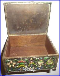 C1920 ANTIQUE CHINESE hand forged SILVER OVER COPPER & ENAMELED BOX-TEA -TOBACCO