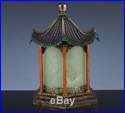 C1920 Chinese Sterling Silver Enamel Jade Pagoda Temple Form Tea Caddy Jar Box