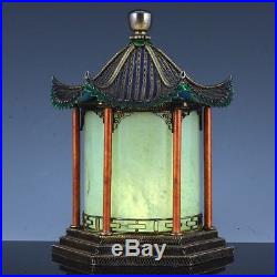 C1920 Chinese Sterling Silver Enamel Jade Pagoda Temple Form Tea Caddy Jar Box