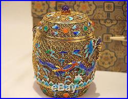 C1970s Chinese Export Jeweled Silver Enamel Dragon Box in Brocade Presentation