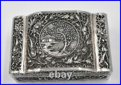 CHINESE ANTIQUE STERLING SILVER Ornate FLOWERS AND BIRDS Box CASE