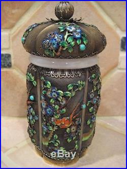 Chinese Antique Vintage Jade Enamel Solid Silver Jeweled Tea Caddy Box