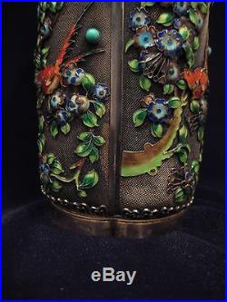 Chinese Antique Vintage Jade Enamel Solid Silver Jeweled Tea Caddy Box