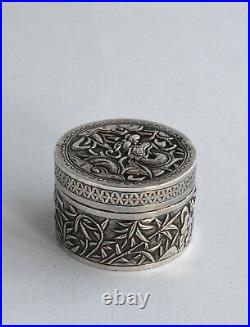 CHINESE CIRCULAR SILVER BOX DRAGON & FIGURES EARLY 20th CENTURY