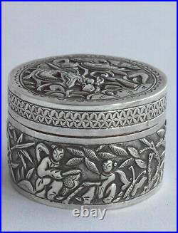 CHINESE CIRCULAR SILVER BOX DRAGON & FIGURES EARLY 20th CENTURY