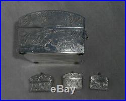 CHINESE EXPORT STERLING SIGNED SILVER SET OF 4 BOXES HAND ENGRAVED 1213 grams