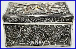 CHINESE EXPORT solid silver BOX -DRAGONS, FLOWERS, BIRDS. FORBIDDEN CITY. C1920
