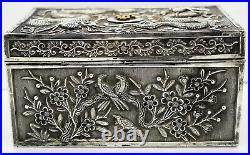 CHINESE EXPORT solid silver BOX -DRAGONS, FLOWERS, BIRDS. FORBIDDEN CITY. C1920